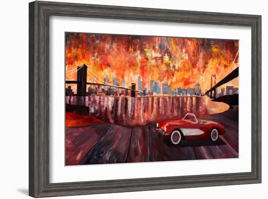 New York City Bridges with Red Corvette-Markus Bleichner-Framed Art Print