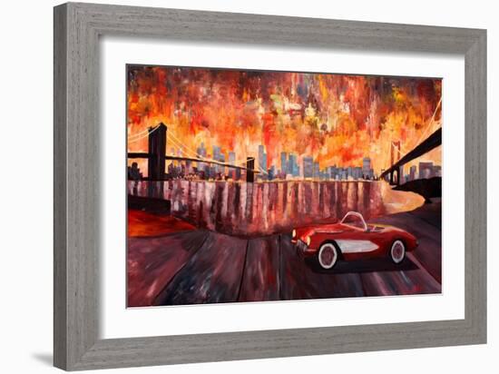 New York City Bridges with Red Corvette-Markus Bleichner-Framed Art Print