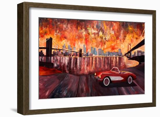 New York City Bridges with Red Corvette-Markus Bleichner-Framed Art Print