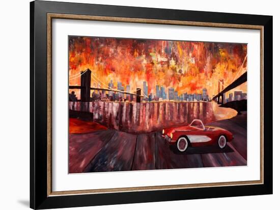 New York City Bridges with Red Corvette-Markus Bleichner-Framed Art Print