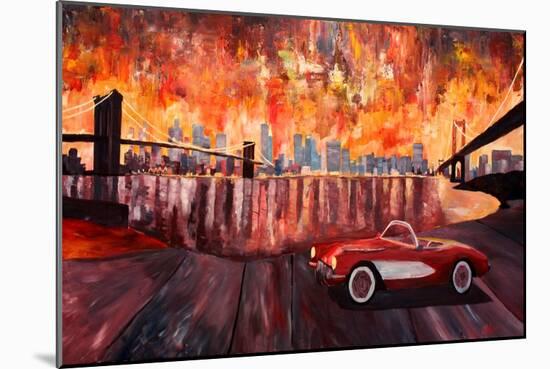 New York City Bridges with Red Corvette-Markus Bleichner-Mounted Art Print
