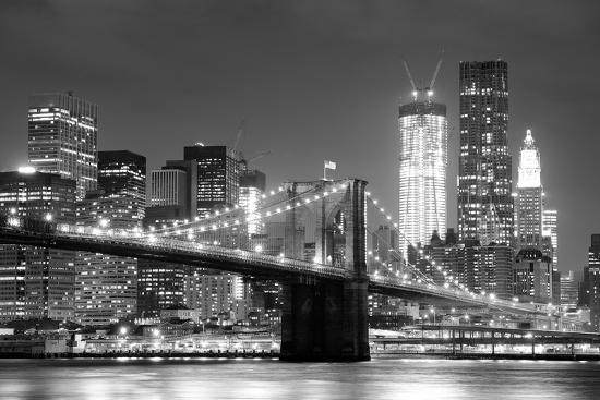 New York City Brooklyn Bridge Black And White With Downtown