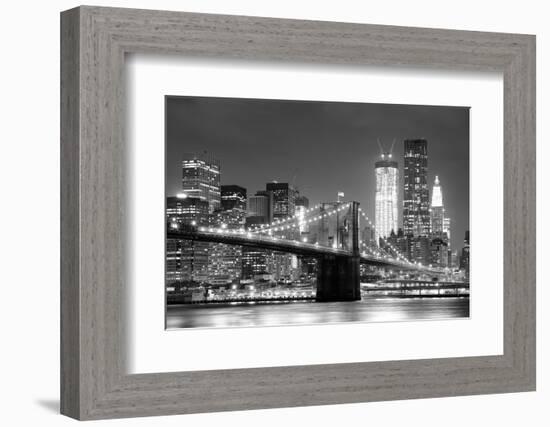 New York City Brooklyn Bridge Black and White with Downtown Skyline over East River.-Songquan Deng-Framed Photographic Print