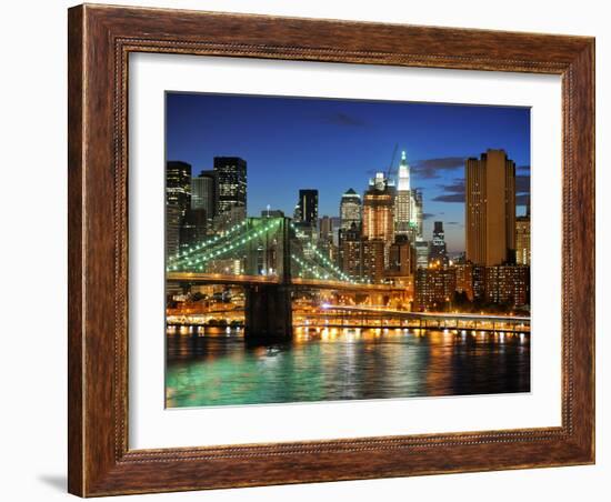 New York City Brooklyn Bridge - Downtown at Night-dellm60-Framed Photographic Print