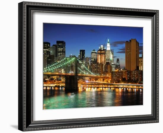 New York City Brooklyn Bridge - Downtown at Night-dellm60-Framed Photographic Print