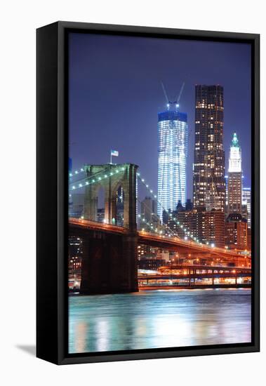 New York City Brooklyn Bridge with Downtown Skyline over East River.-Songquan Deng-Framed Premier Image Canvas