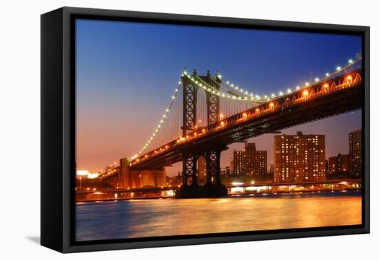 New York City Manhattan Bridge over Hudson River with Skyline after Sunset Night View Illuminated W-Songquan Deng-Framed Premier Image Canvas