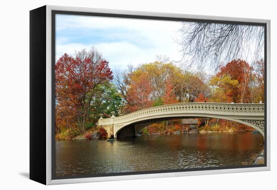 New York City Manhattan Central Park Panorama at Autumn with Skyscrapers, Foliage, Lake and Bow Bri-Songquan Deng-Framed Premier Image Canvas