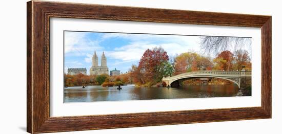 New York City Manhattan Central Park Panorama at Autumn with Skyscrapers, Foliage, Lake and Bow Bri-Songquan Deng-Framed Photographic Print