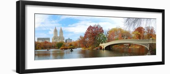 New York City Manhattan Central Park Panorama at Autumn with Skyscrapers, Foliage, Lake and Bow Bri-Songquan Deng-Framed Photographic Print