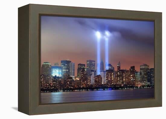 New York City Manhattan Downtown Skyline at Night from Liberty Park with Light Beams in Memory of S-Songquan Deng-Framed Premier Image Canvas