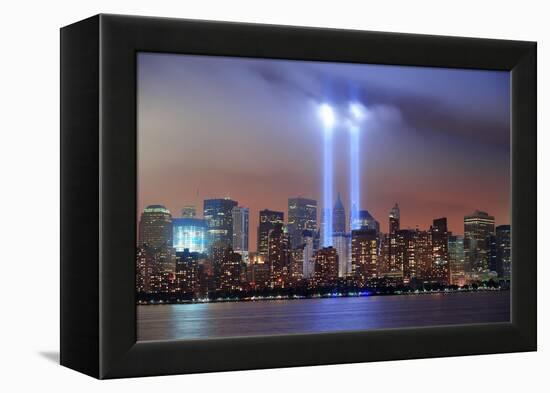New York City Manhattan Downtown Skyline at Night from Liberty Park with Light Beams in Memory of S-Songquan Deng-Framed Premier Image Canvas