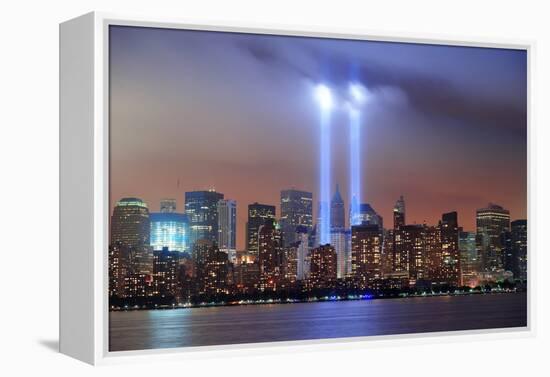 New York City Manhattan Downtown Skyline at Night from Liberty Park with Light Beams in Memory of S-Songquan Deng-Framed Premier Image Canvas