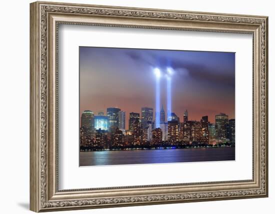 New York City Manhattan Downtown Skyline at Night from Liberty Park with Light Beams in Memory of S-Songquan Deng-Framed Photographic Print