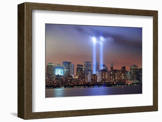 New York City Manhattan Downtown Skyline at Night from Liberty Park with Light Beams in Memory of S-Songquan Deng-Framed Photographic Print