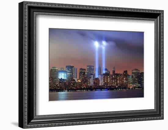 New York City Manhattan Downtown Skyline at Night from Liberty Park with Light Beams in Memory of S-Songquan Deng-Framed Photographic Print