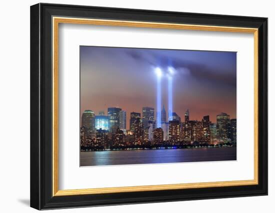 New York City Manhattan Downtown Skyline at Night from Liberty Park with Light Beams in Memory of S-Songquan Deng-Framed Photographic Print