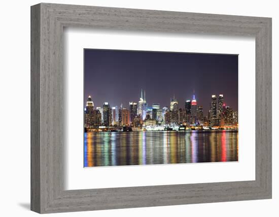 New York City Manhattan Midtown Skyline at Night with Lights Reflection over Hudson River Viewed Fr-Songquan Deng-Framed Photographic Print