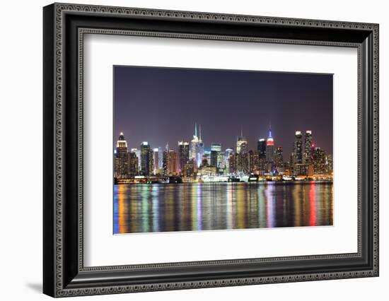 New York City Manhattan Midtown Skyline at Night with Lights Reflection over Hudson River Viewed Fr-Songquan Deng-Framed Photographic Print