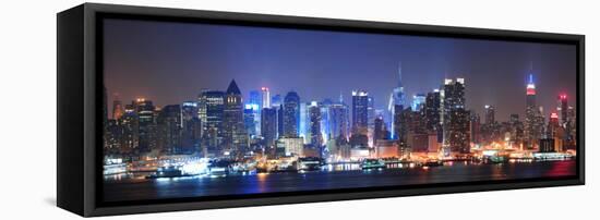 New York City Manhattan Midtown Skyline at Night with Skyscrapers Lit over Hudson River with Reflec-Songquan Deng-Framed Premier Image Canvas