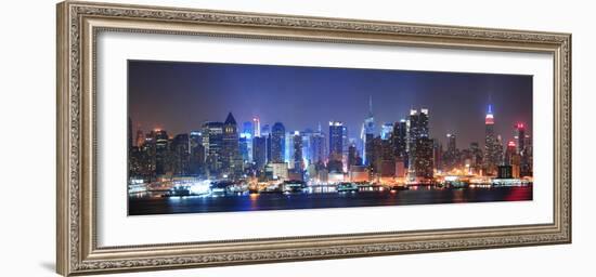 New York City Manhattan Midtown Skyline at Night with Skyscrapers Lit over Hudson River with Reflec-Songquan Deng-Framed Photographic Print
