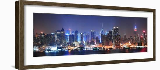 New York City Manhattan Midtown Skyline at Night with Skyscrapers Lit over Hudson River with Reflec-Songquan Deng-Framed Photographic Print