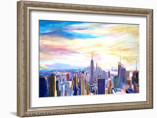 New York City Manhattan Panorama with WTC Chrysler-Markus Bleichner-Framed Art Print