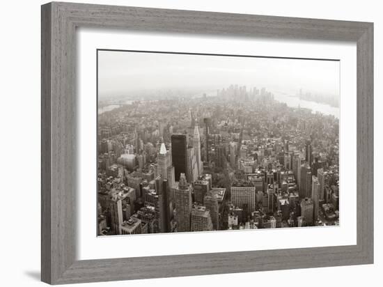 New York City Manhattan Skyline Aerial View Panorama Black And White With Skyscrapers And Street-Songquan Deng-Framed Art Print