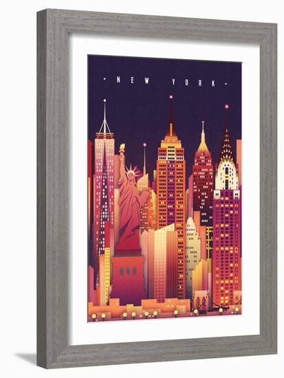 New York City, New York - Neon Skyline (Empire State Building Center) - Lantern Press Artwork-Lantern Press-Framed Premium Giclee Print