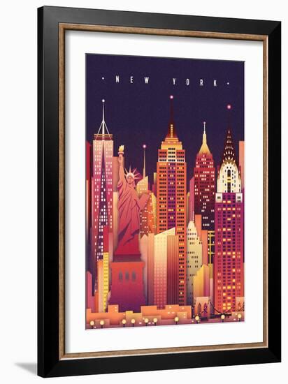 New York City, New York - Neon Skyline (Empire State Building Center) - Lantern Press Artwork-Lantern Press-Framed Premium Giclee Print