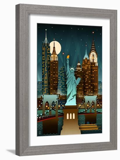 New York City, New York - Retro Skyline (no text)-Lantern Press-Framed Art Print