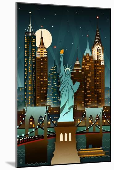 New York City, New York - Retro Skyline (no text)-Lantern Press-Mounted Art Print