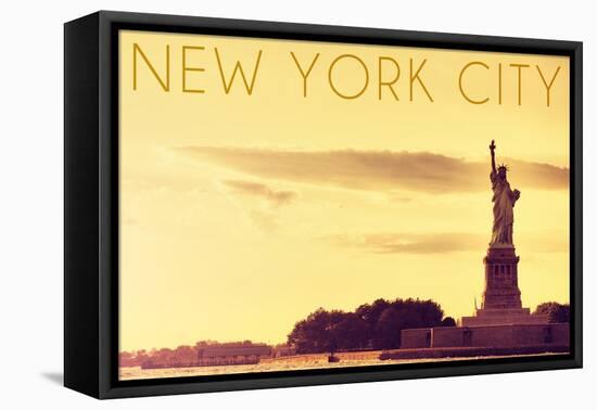 New York City, New York - Statue of Liberty and Yellow Skyline-Lantern Press-Framed Stretched Canvas