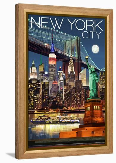 New York City, NY - Skyline at Night-Lantern Press-Framed Stretched Canvas