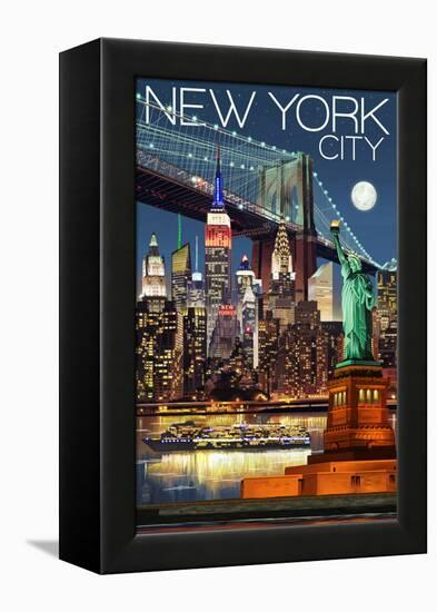 New York City, NY - Skyline at Night-Lantern Press-Framed Stretched Canvas