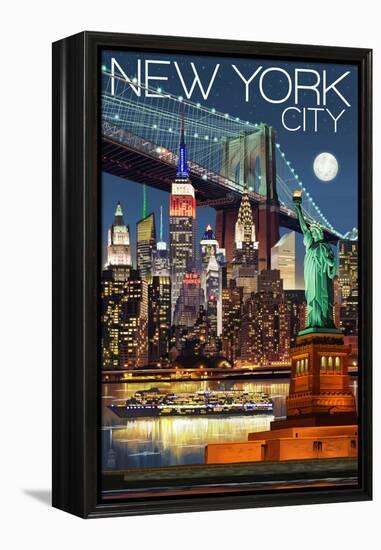 New York City, NY - Skyline at Night-Lantern Press-Framed Stretched Canvas