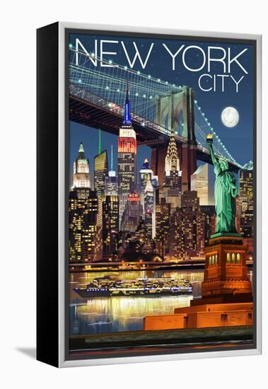 New York City, NY - Skyline at Night-Lantern Press-Framed Stretched Canvas