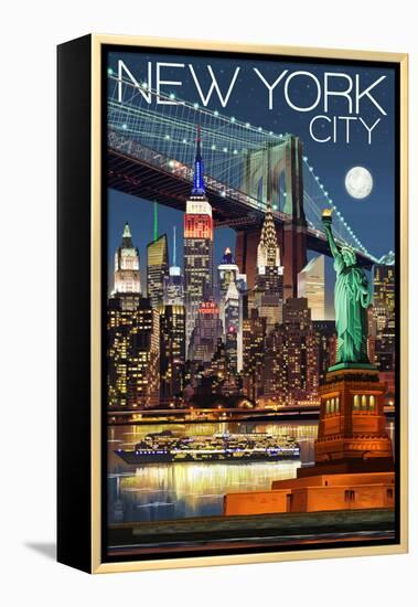 New York City, NY - Skyline at Night-Lantern Press-Framed Stretched Canvas