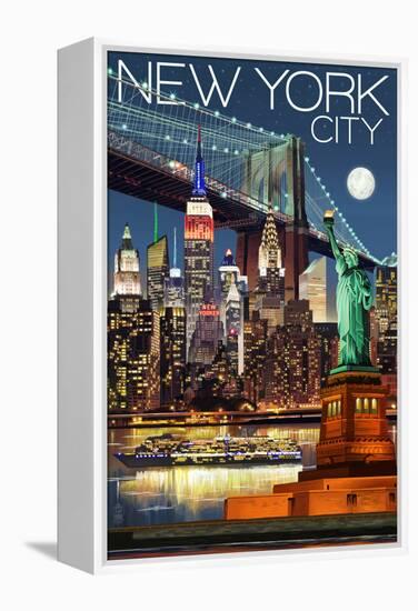 New York City, NY - Skyline at Night-Lantern Press-Framed Stretched Canvas