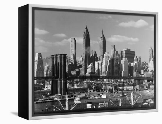 New York City Skyline and Brooklyn Bridge, 1948-Andreas Feininger-Framed Premier Image Canvas