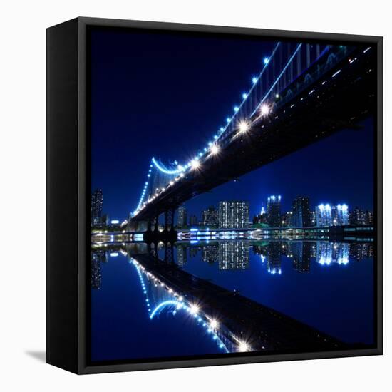 New York City Skyline and Manhattan Bridge at Night-Zigi-Framed Premier Image Canvas