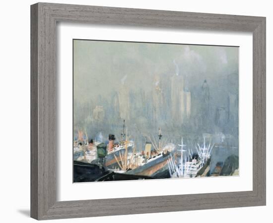 New York City Skyline from Brooklyn Harbor, Ships Docked in Foreground-Joseph Pennell-Framed Giclee Print