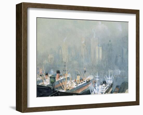 New York City Skyline from Brooklyn Harbor, Ships Docked in Foreground-Joseph Pennell-Framed Giclee Print