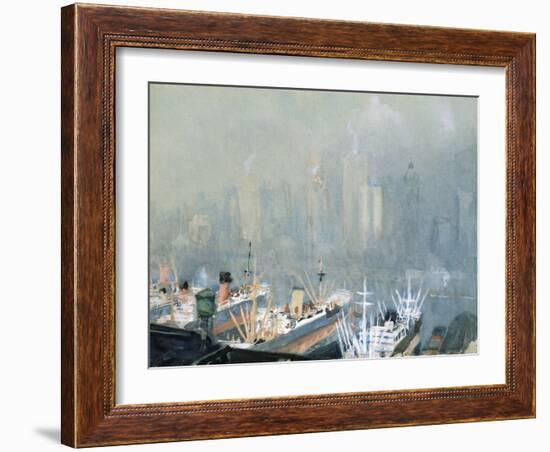 New York City Skyline from Brooklyn Harbor, Ships Docked in Foreground-Joseph Pennell-Framed Giclee Print