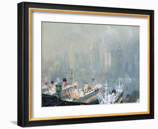 New York City Skyline from Brooklyn Harbor, Ships Docked in Foreground-Joseph Pennell-Framed Giclee Print