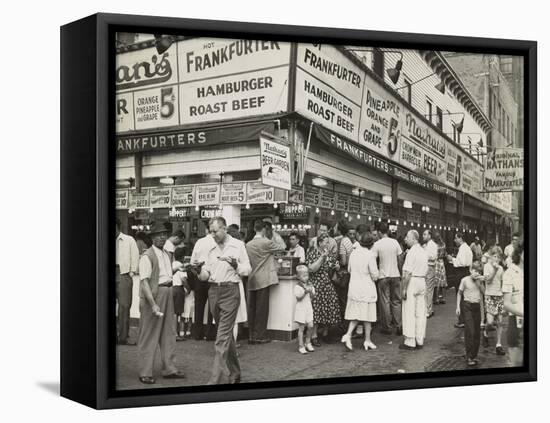 New York City Street Corner with Customers Ordering and Eating Nathan's Hot Dogs-null-Framed Stretched Canvas