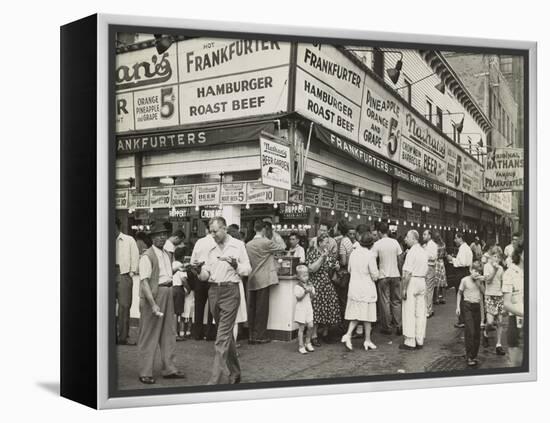 New York City Street Corner with Customers Ordering and Eating Nathan's Hot Dogs-null-Framed Stretched Canvas