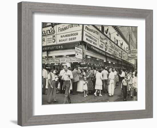 New York City Street Corner with Customers Ordering and Eating Nathan's Hot Dogs-null-Framed Photo