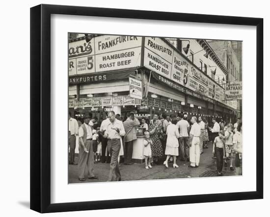 New York City Street Corner with Customers Ordering and Eating Nathan's Hot Dogs-null-Framed Photo