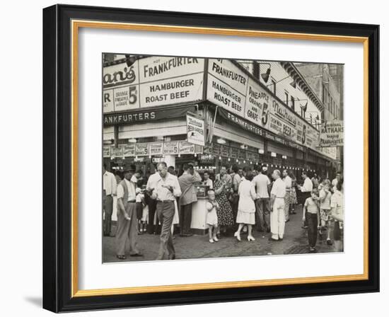 New York City Street Corner with Customers Ordering and Eating Nathan's Hot Dogs-null-Framed Photo